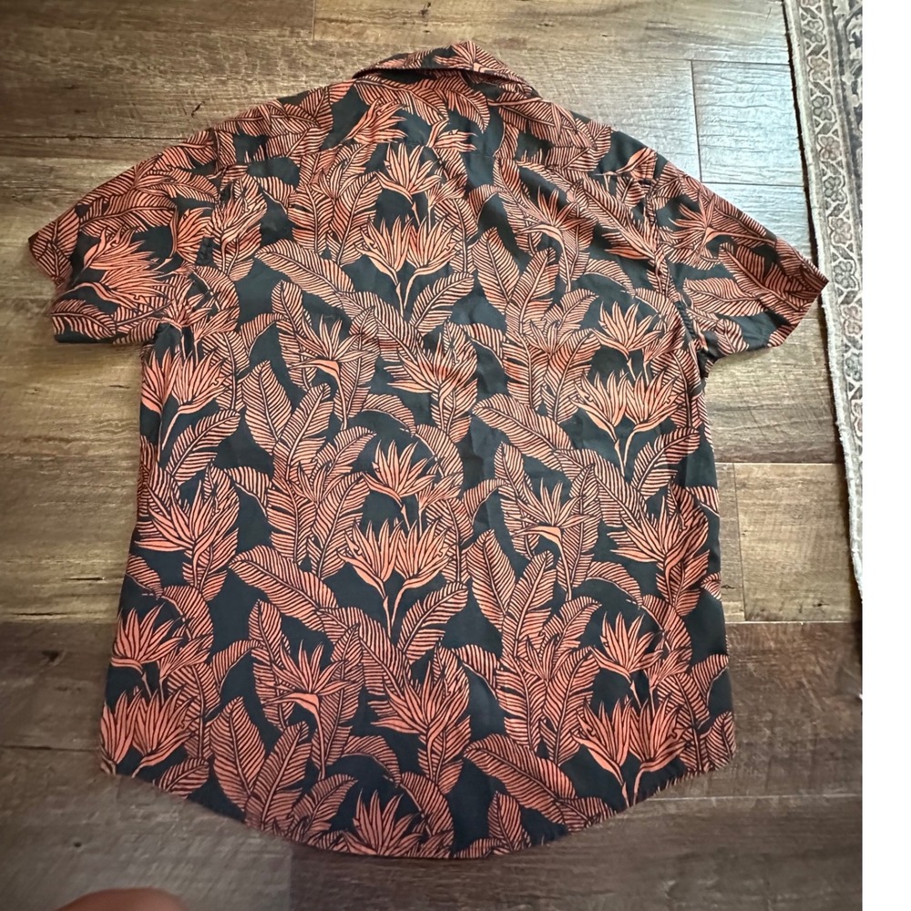 Dockers Mens Short Sleeve Button Down Tropical Palm Floral Shirt Orange Beach L - Picture 2 of 6
